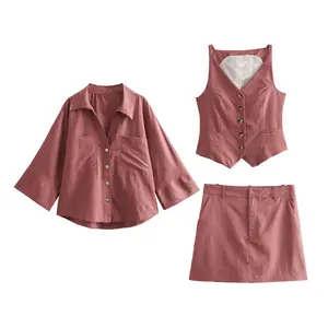 long sleeve front pockets turn down collar linen casual shirts for women Shirt, vest, skirt and trousers three-piece set