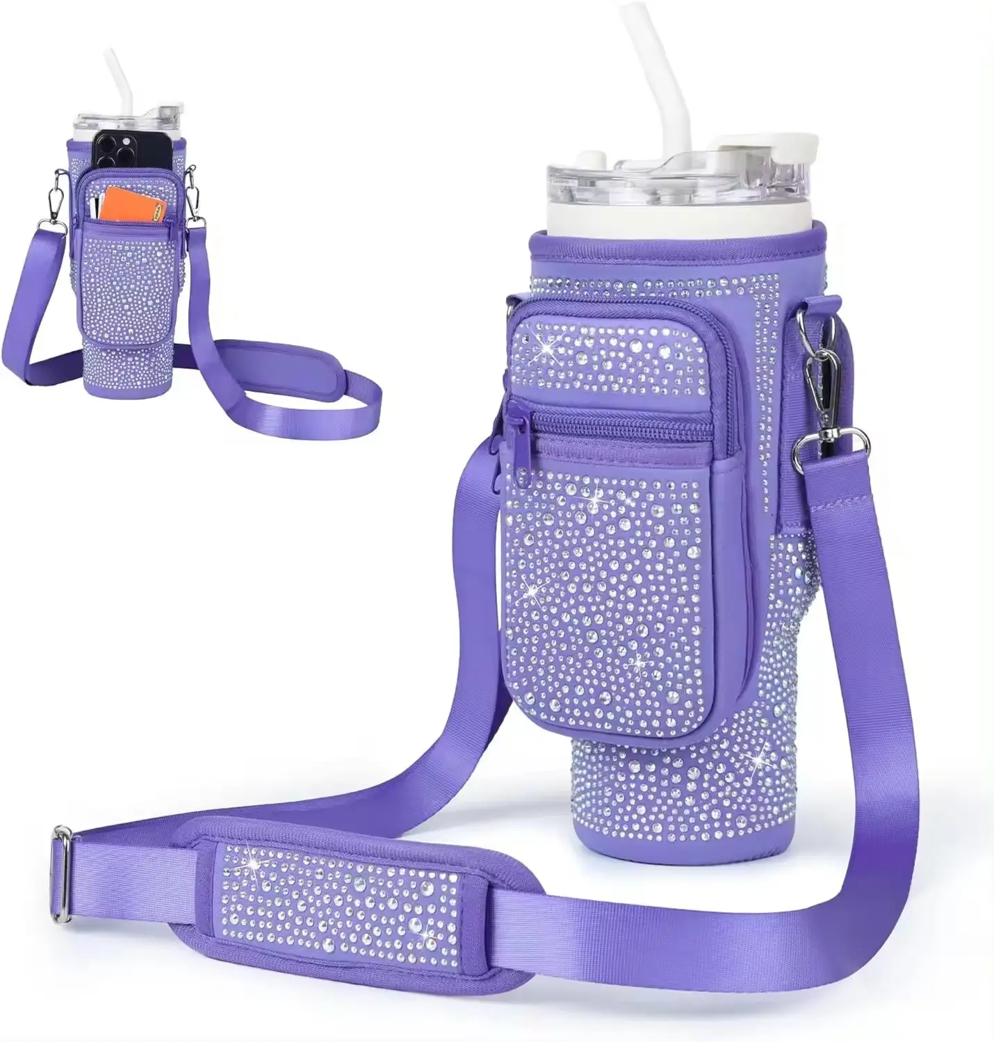 Bling Shiny Rhinestone Neoprene 30 40oz Water Bottle Carrier Sleeve Pouch Tumbler Stanleydrink Cup Sling Bag Zipper Phone Pocket