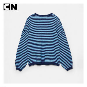 Fábrica de Suéteres con Certificación BSCI, Suéter Informal para Mujer, Nuevo Diseño a Rayas, Transpirable, Jacquard, de Punto, Invernal, de Algodón - Product Image 3