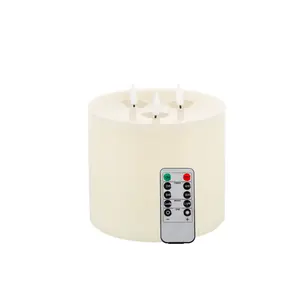 Custom Ivory 6"x6" Flickering Flameless Battery Operated 3 Wicks Large Giant LED Pillar Candles with Remote Control and Timer