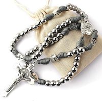 Collier chapelet robuste en paracorde avec perles en acier inoxydable, motif Saint-Michel et Saint-Benoît, pour homme