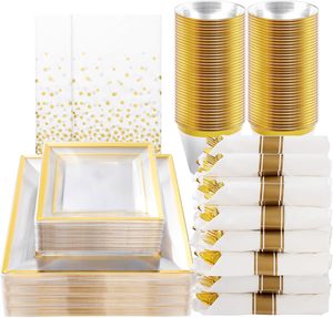 Plasticpro Bandejas De Plástico Para Servir Platos Rectangulares Blancos Con Borde Dorado De 8 X 11 Pulgadas Platos Desechables Para Fiestas