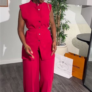 Women's Stand-up Collar Button-up Sleeveless Waist-tie <b>Top</b> Wide-leg Pants 2-piece Set Fashion - Product Image 6
