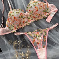 Ensemble de lingerie sexy en dentelle transparente à fleurs brodées, style girly rose, produit à succès de l'automne 2024