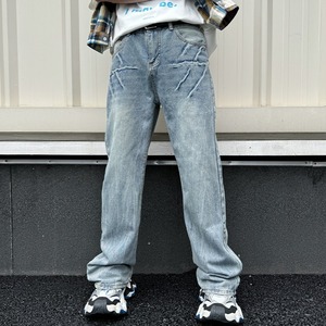 Hight Street Lightning Crack Denim Jeans Pantalones Sueltos Pierna Ancha Recta Vintage Jeans Sueltos Hombres - Product Image 1