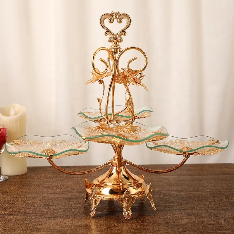 Alzata per torta decorativa placcata oro piatto per frutta vassoio per alimenti vassoi da portata in vetro e metallo