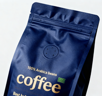 Sachet de café biodégradable bleu à fond plat, imprimé sur mesure, réutilisable, 250g, 500g, 1kg, avec valve et fermeture éclair, pochette verticale réutilisable