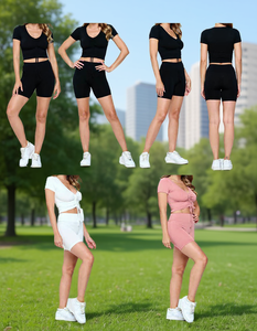 Ensemble 2 pièces pour femme : Crop top à manches courtes et col en V, tricoté en Spandex et Polyester, coupe sportive ajustée, au-dessus du genou, couleur unie - Product Image 2