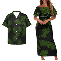 Offre Spéciale : Tenues Assorties Fantaisie Marron à Imprimé Polynésien pour Couples – Robes Samoa Puletasi Épaules Dénudées pour Femmes et Chemises Luau pour Hommes
