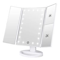 Miroir cosmétique LED carré argenté éclairé, pliable, rotatif à 90 et 180 degrés, avec grossissement 1x/2x/3x, en plastique
