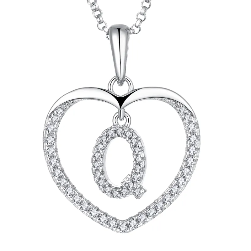 Custom Rhodium Plated CZ Alphabet Heart Charm Sterling Silver Initial 925 Letter Pendant