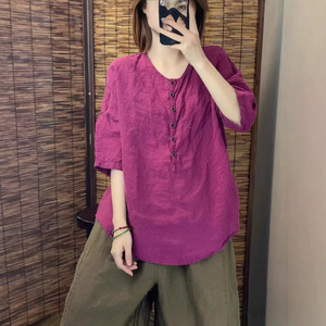 Cotton Linen Short Sleeve Shirt Women's Clothing Round Neck Loose Fit Solid Color Buttons Everyday Wear Ginger Yellow - Product Image 3