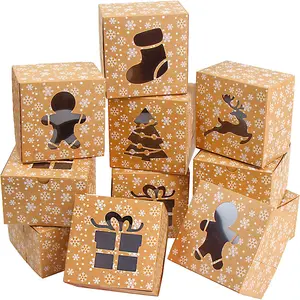 Рождественские коробки из крафт-бумаги с окном для печенья, праздничные подарочные коробки для пекарни для упаковки кексов, Goodies