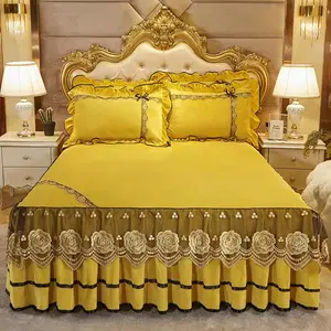 Luxury Velvet Bed Skirt King Queen Size Lace Embroidery Thickened Bedspread Bed Cover Bedding Set