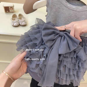 Tongxingyuan Girls Tutu Skirt Set Gray Solid Color Cotton Summer Outfit For Kids - Product Image 2