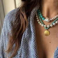 Collier ras du cou sportif géométrique électroplaqué pour femme avec perles de culture d'eau douce turquoise bleu bambou et perles de style Ins