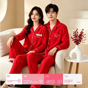 Conjunto de Pijamas de <span class=keywords><strong>Verano</strong></span> para Parejas, Estilo Lujoso y de Alta Gama, Crepé de Algodón Puro, Suave, Bordado, Manga Larga, Cárdigan Largo - Product Image 4