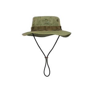 Topi Pancing Luar Ruangan Pinggiran Lebar Hijau Tentara, Topi Pancing Bordir Poliester Dapat Diatur