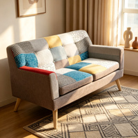 Canapé Chesterfield deux places en tissu patchwork, design moderne, pieds en bois, pour salon, école, sous-sol, certifié BSCI