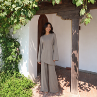Ensemble coordonné Mexizo Moyen-Orient en pur coton, asymétrique, avec haut à manches longues et ourlet irrégulier à nouer au dos et pantalon, pour le quotidien