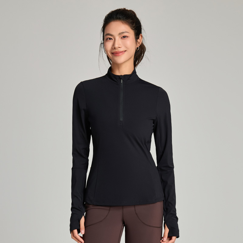 Custom High Elasticity Women Semi Open Zipper Tight Fitting Top Long-Sleeved Breathable 1/3 Zip Sports Fitness Yoga Tops