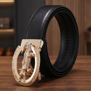 Ceinture décontractée pour homme en cuir de vachette avec boucle en alliage 3D motif cheval, noire unie, largeur 3,8 cm, conception durable à verrouillage automatique - Product Image 3