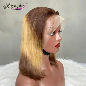 On Sale Stock 100% Virgin Human Hair 4/27 Ombre Three Tone T4/27/4 Color Glueless Straight 13x4 Lace Front Short Bob Wig
