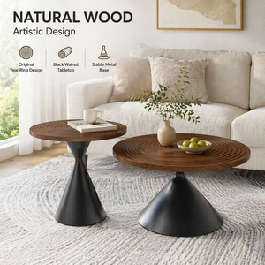 Modern <strong>Round</strong> Solid Wood Coffee <strong>Table</strong> With Concentric Grooves Top Elegant Artistic <strong>Side</strong> <strong>Table</strong> With <strong>Black</strong> Conical Metal Base - Product Image 5