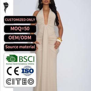 Nuevo Estilo 2026 Vestido Maxi Halter para Mujer, Color Sólido, Escote en V Profundo, Fruncido, Drapeado en la Parte Delantera, Ajustado, Elegante, Formal, OEM Personalizado - Product Image 1