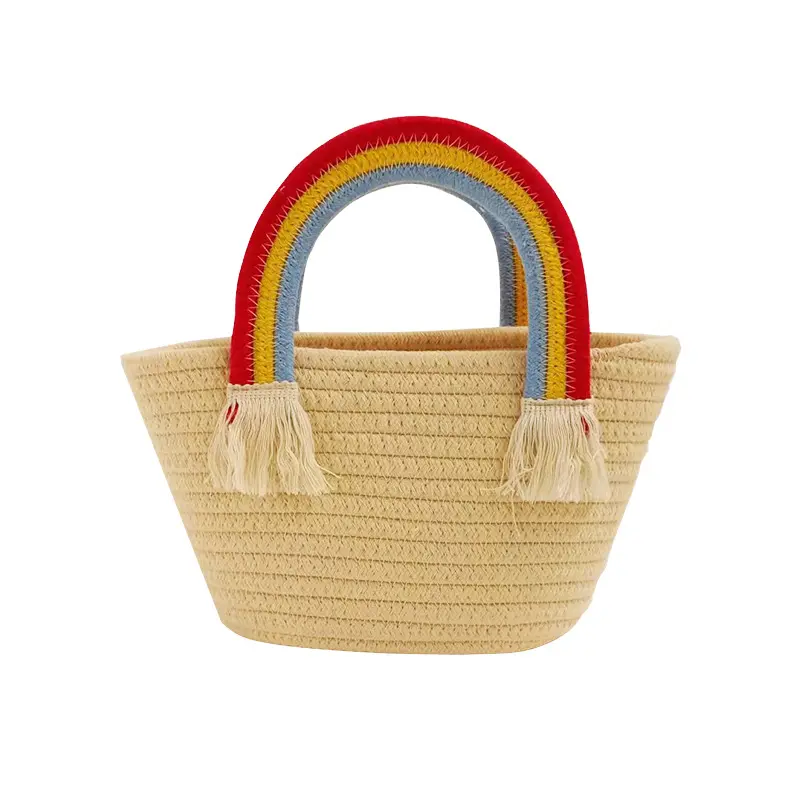 Custom 2024 Handmade Woven Straw Beach Bag For Summer Women With Colorful Handle Design