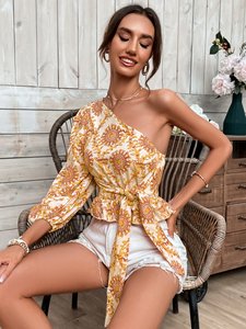 2026 Sexy Casual <span class=keywords><strong>Mandala</strong></span> estampado un <span class=keywords><strong>hombro</strong></span> linterna manga volante dobladillo Blusa con cinturón Top <span class=keywords><strong>mujer</strong></span> señora camiseta - Product Image 6