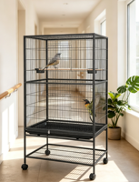 Cage à oiseaux multi-espaces noire avec support métallique à roulettes, étagère de rangement inférieure, perchoirs en bois, plateau en plastique émaillé simple, pour intérieur