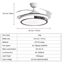 Kipas Angin Plafon LED Tak Terlihat 3CCT 42 inci 3 Bilah dengan Remote Control Motor DC untuk Ruang Makan