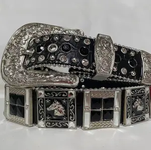 Manufacturer Custom Western cowgirl cowboy waist belt buckle bling bling rhinestone belt PU leather belt