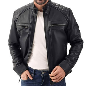 Veste de moto en cuir véritable pour homme de qualité supérieure, coupe slim, logo sur le devant, noir uni, style motard, coupe classique, à porter en automne - Product Image 4