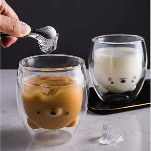 Cangkir kopi dinding ganda 250ml, kreatif lucu beruang cangkir kaca ganda karton hadiah bisnis untuk wanita kucing bebek anjing - Product Image 1