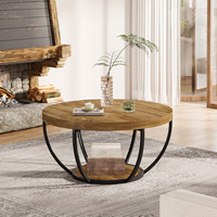 Table basse ronde, table basse circulaire en bois à 2 niveaux de 31,7 pouces avec étagères de rangement, table de cocktail moderne, table centrale