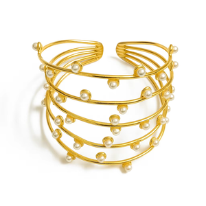 Elegant Gold-Plated Multi Layer Beaded Open Cuff <b>Bracelet</b> for Women Handmade Brass <b>Adjustable</b> Statement Jewelry - Product Image 1