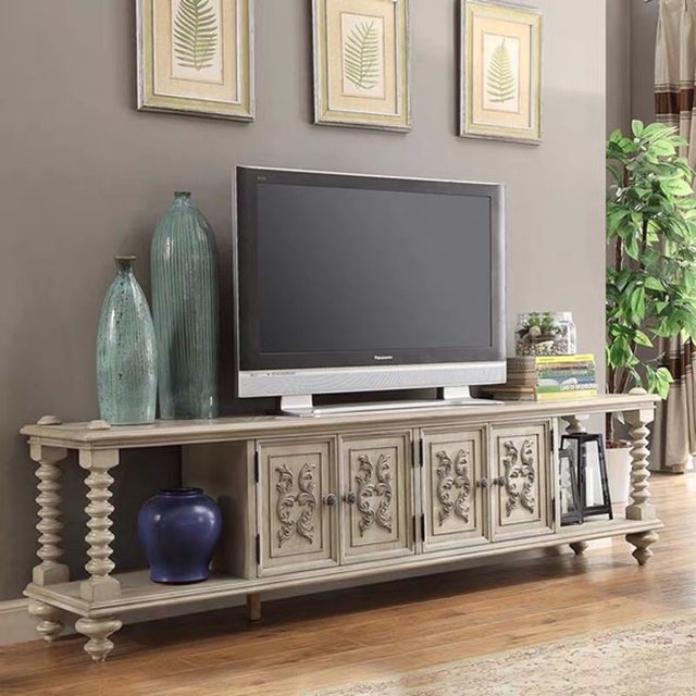 American Style Fashion High-End Solid Wood TV Cabinet Small Apartment Master Design Retro Floor-Standing Distressed Fine Carved
