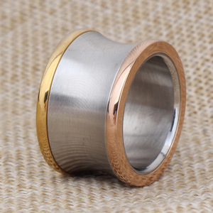 Three Color Smooth 15Mm Band <b>Ring</b> Stainless Steel Women's Fashion Jewelry Gift Round Geometric Shape Two Tone CG1361 - Product Image 3