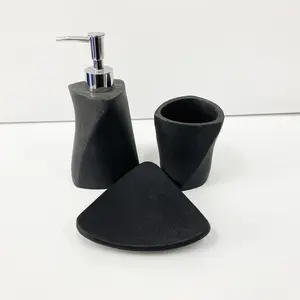 Twisted design inexpensive modern style black resin triangle dish with lotion home decor 3 piece bathroom accessories set