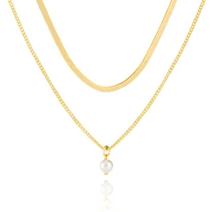 NUORO LOW MOQ 14K Gold Filled Herringbone Chain Single Pearl Dangle Necklace Everyday Jewelry Cuban Chain Pearl Layered Necklace