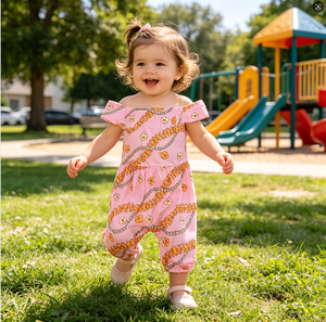 F2 3-7Días OEM/ODM Venta al por Mayor de Trajes de Bebé Niña con Estampado Personalizado, Mono de Hombros Descubiertos y Pantalones Largos - Product Image 1