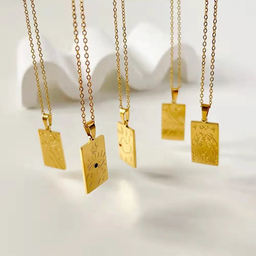 Paslanmaz çelik 18k altın kaplama Tarot kartı kolye altın aslan kalp kolye gravür göz dikdörtgen mesaj kartı kolye için
