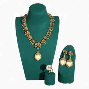 Vintage Gold Plated <b>Bridal</b> <b>Jewelry</b> <b>Set</b> Necklace Earrings Ring Floral Pearl Look for Wedding Engagement T - Product Image 1