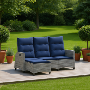 Sofá de jardín reclinable de 3 plazas en poliratán gris con cojines de espuma de alta densidad para uso en exteriores - Product Image 2