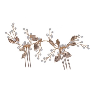 Gioielli per feste di anniversario fascia per capelli foglia dorata accessori per <span class=keywords><strong>pettine</strong></span> da sposa per matrimonio a pettini laterali con perla - Product Image 5