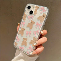 Coque de téléphone portable transparente antichoc avec motif ours mignon et nœud pour iPhone 14 15 Plus 16 17 18 Pro Max