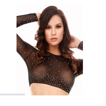 Rhinestone Mesh Long Sleeve Crop Top