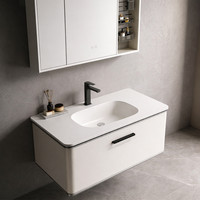 Mueble de Baño Moderno Suspendido en la Pared con Espejo, Estantes de Almacenamiento y Bandejas Funcionales, Diseño Elegante y Contemporáneo